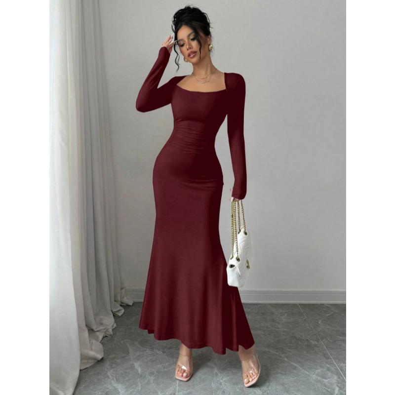 Elegant Sexy Long Sleeved Fishtail Dress Tight Fit Spring Pleated Square Collar Solid Color Party Maxi Long Dresses Evening Spring Bodycon Dress