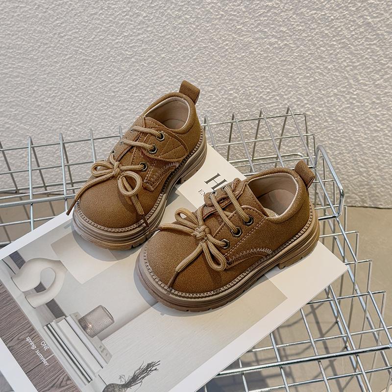 

Детская повседневная обувь Ретро Классика Круглый носок Мальчики Девочки Кожаная обувь Липучка 2025 Весна Осень Детские балетки Британский стиль 23 верблюд