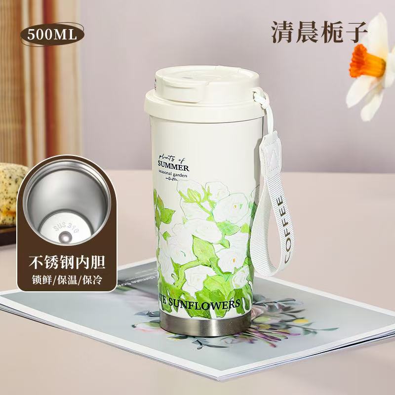 2025 New Woman Flower Coffee Mug 500ml Stainless Steel Vacuum Flask Straw and Directly Drinking Insulated Tumbler  Thermal Cup