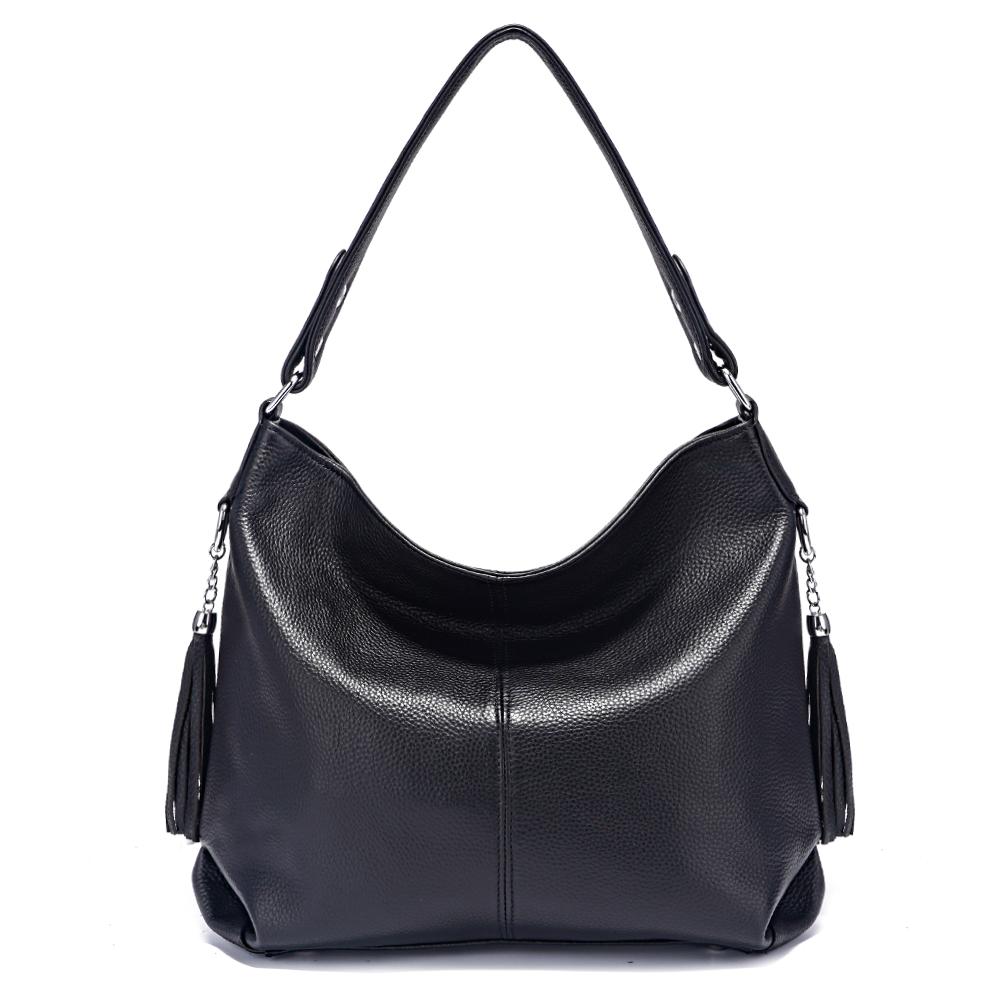 

Fashion Soft Real Leather Women Shoulder Bag with Tassel чорний