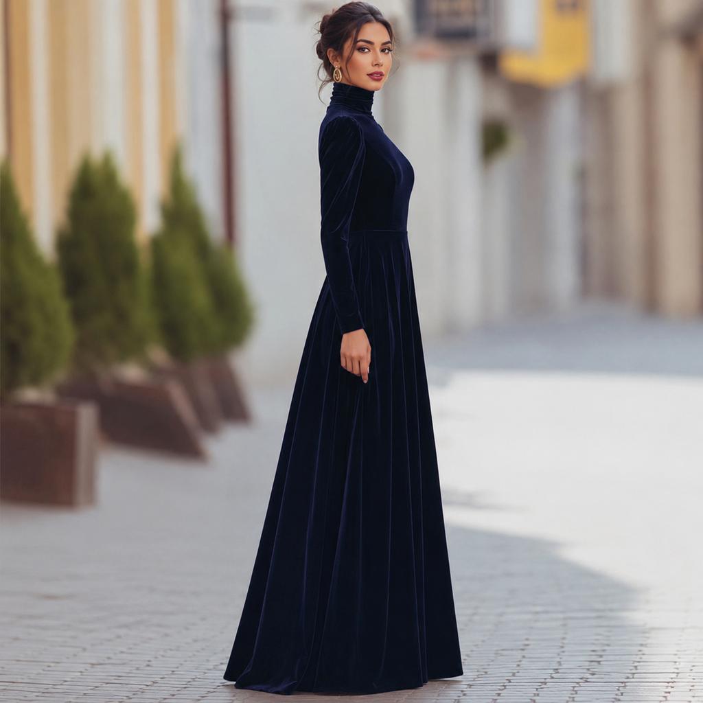 Women's Velvet High Neck Dress with Fitted Waist and Flared Skirt for Elegant Occasions