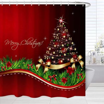 Rideau de douche de Noël rouge Imprimé arbre de Noël Rideau de bain Décoration d'intérieur Vacances d'hiver Nouvel An Maison Rideaux de salle de bain avec crochets