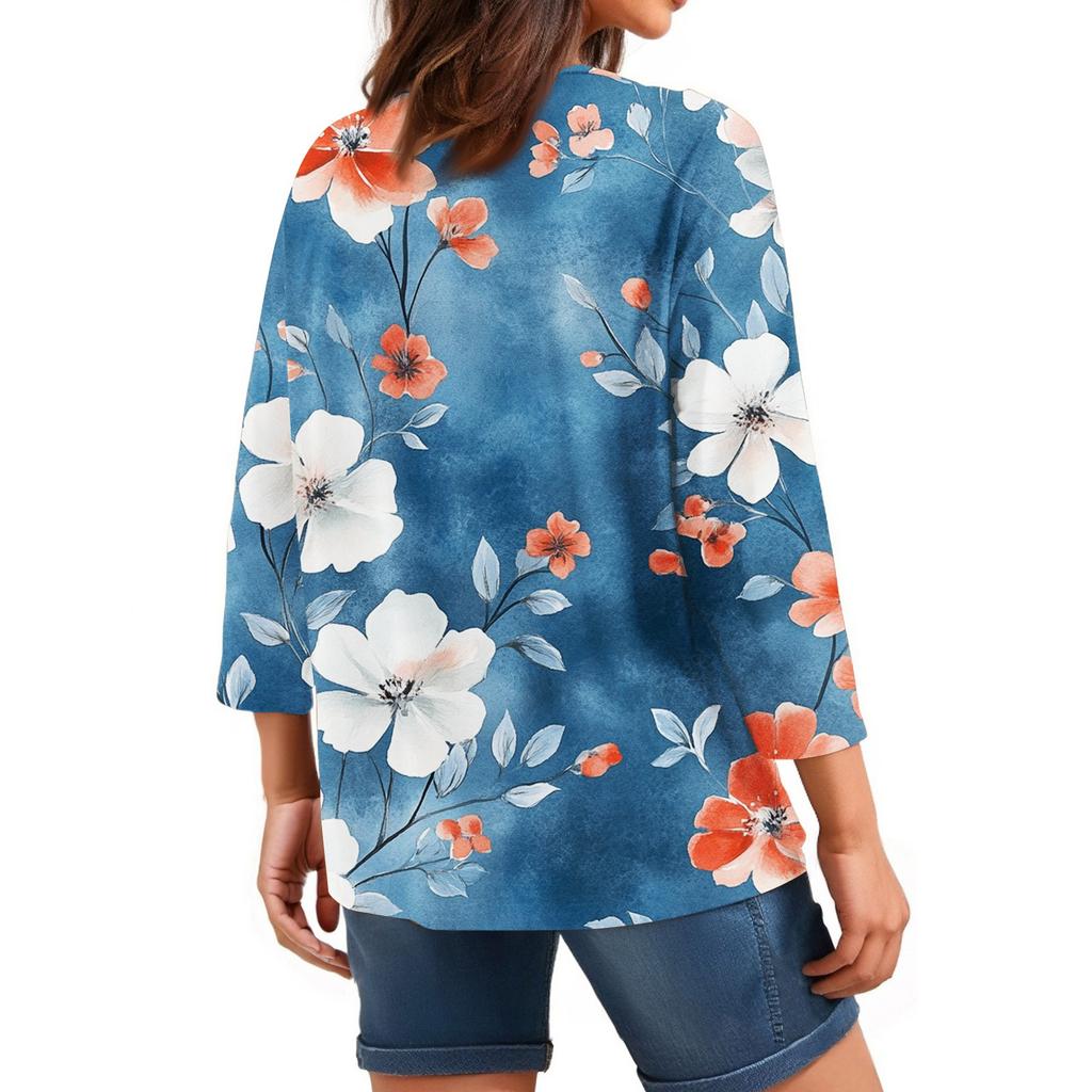 Women's Tops Three-quarter Sleeve Shirt V-neck Loose Casual Shirt Floral Printed T-shirt