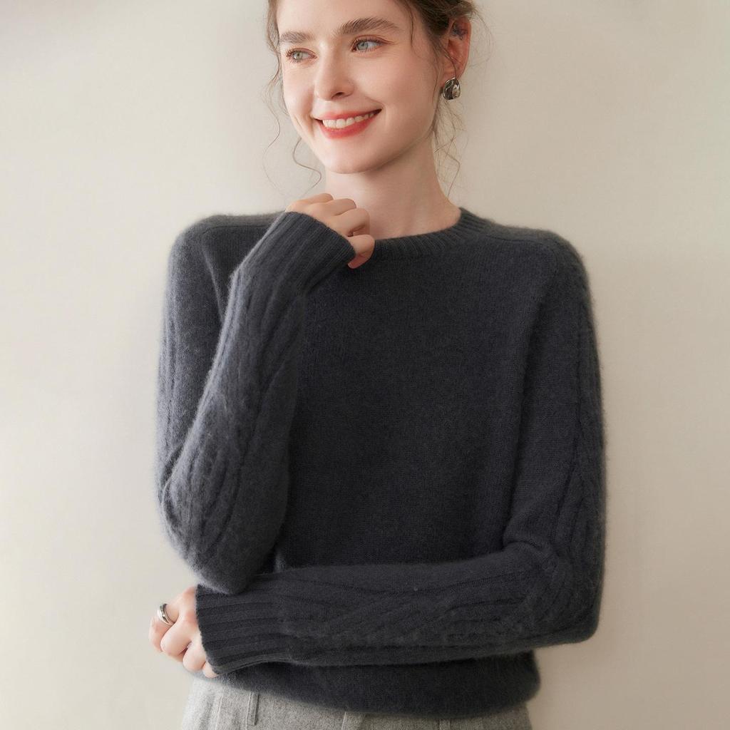 Women's Solid Color Cashmere Knit Pullover Sweater - Round Neck, Loose Fit, Slimming Base Layer for Autumn/Winter