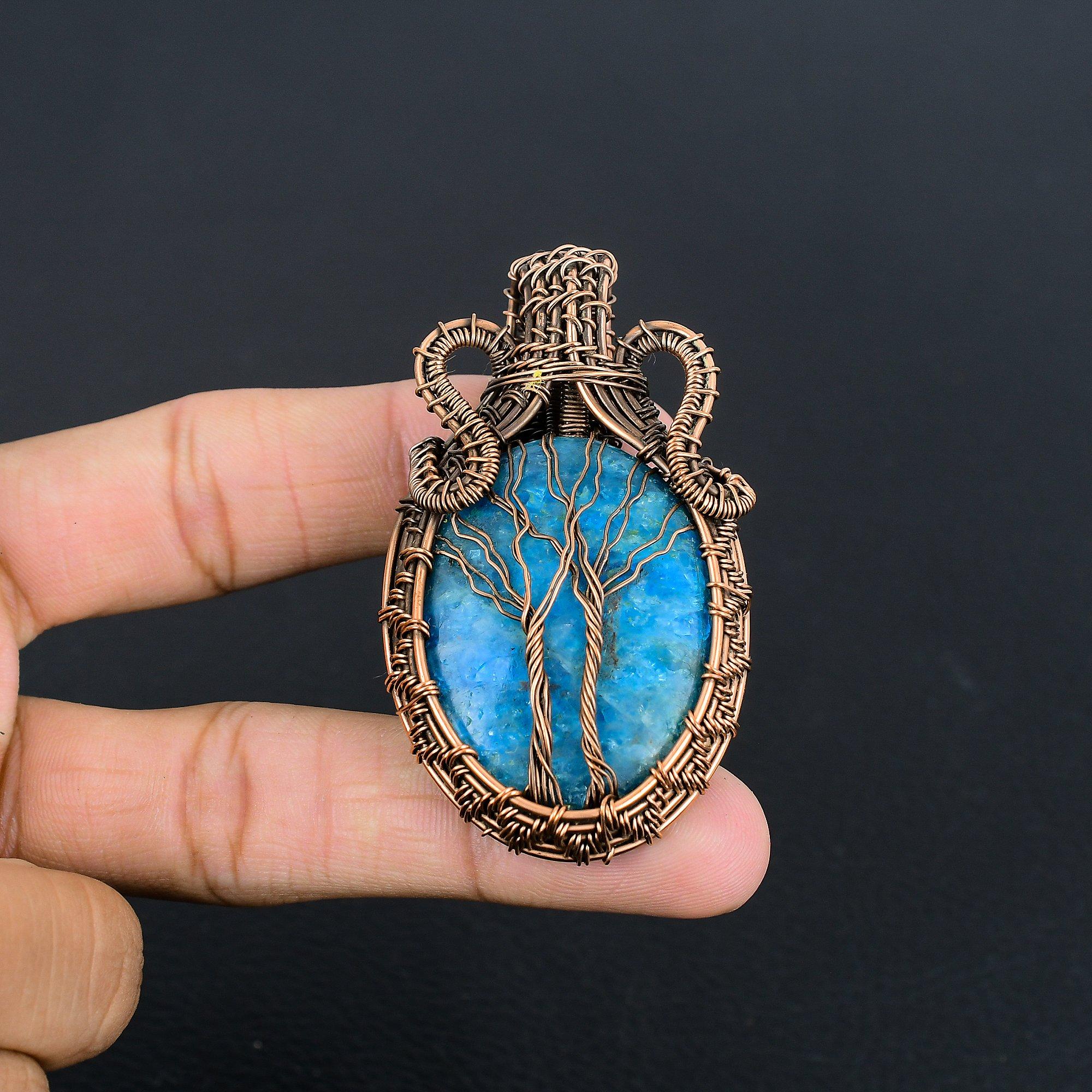 

Tree Of Life Neon Blue Apatite Gemstone Pendant 999 Copper Wire Wrapped Jewelry, Handmade Antique Pendant Jewelry, Gift For Mother 2.25 Inches