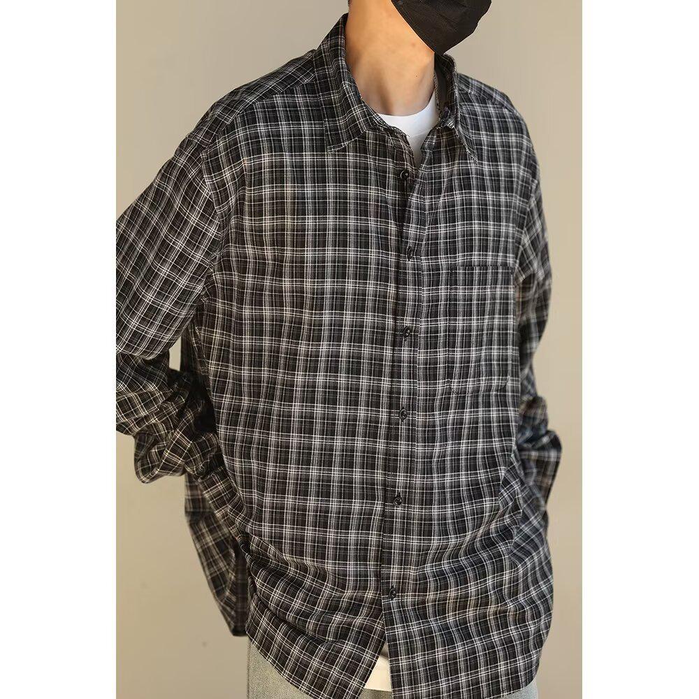 

Унисекс Ретро Клетчатая Рубашка с Длинным Рукавом Винтажная Рабочая Одежда Double Extra Large чёрный