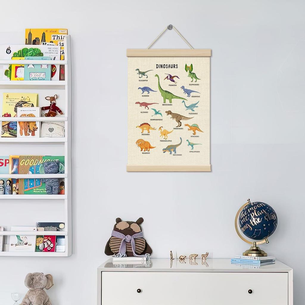 ZEDEV Dinosaur Wall Decor, Poster Hanger with Wood Frames 12x16 Inches, Dino Educational Canvas Wall Art, Artwork Hanging Kit for Boy Toddler Room