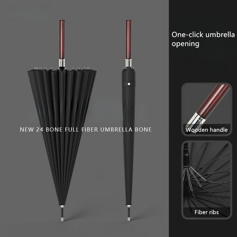 24 Bone Fiber Lotus Bone Wooden Handle Umbrella Men's High-grade Business Thickened Strong Straight Long Handle Umbrella