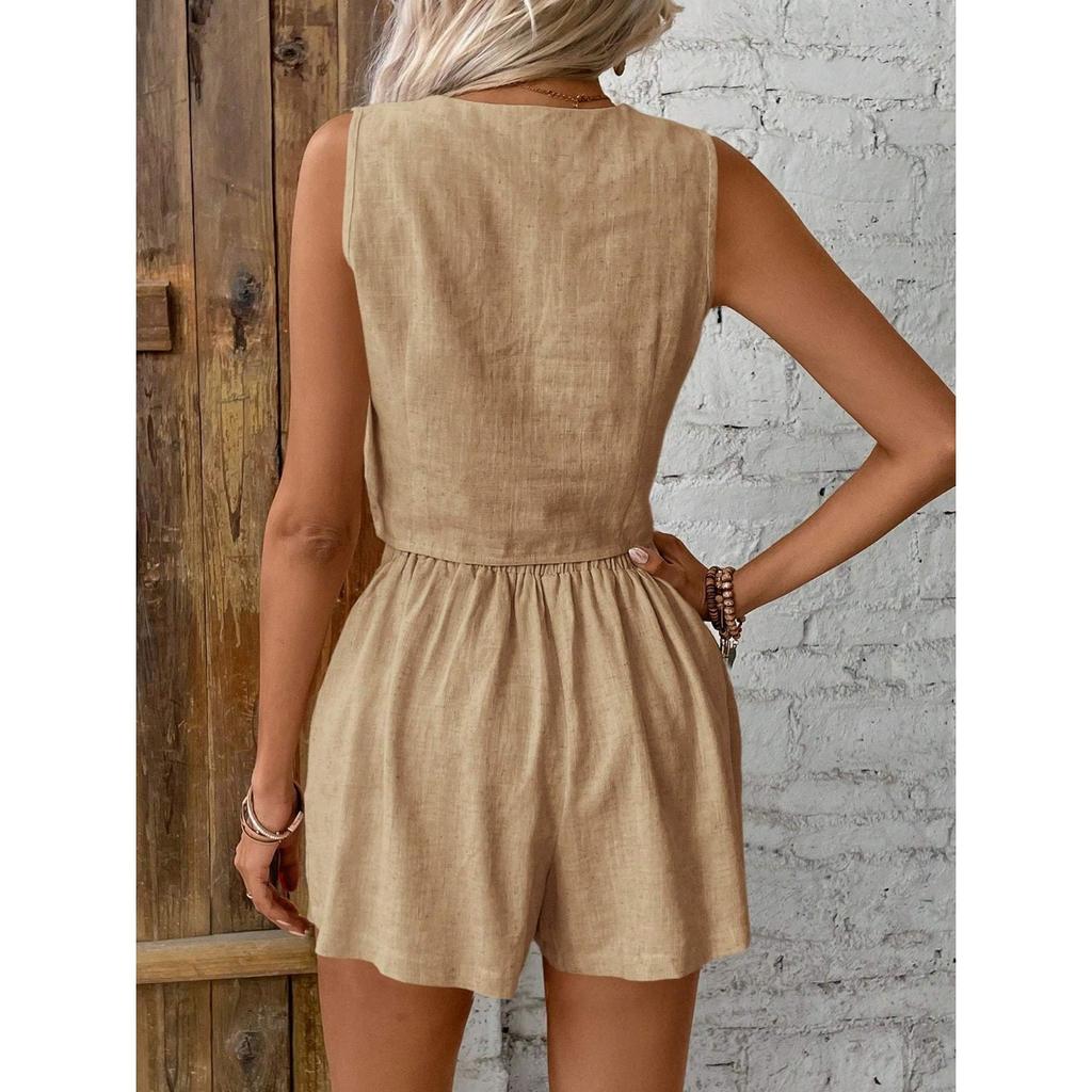 GMXIA Ärmelloses Freizeitweste und Shorts Set für Damen, Leinen Sommer Mode Zweiteiler für Damen