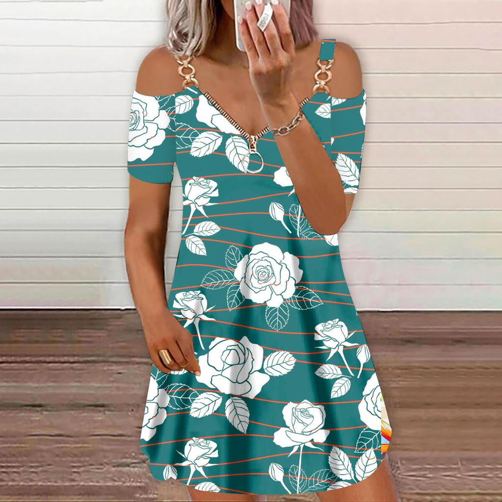 Ladies Casual Sexy Printed Zip V-neck Loose Fashion Off-shoulder Dress