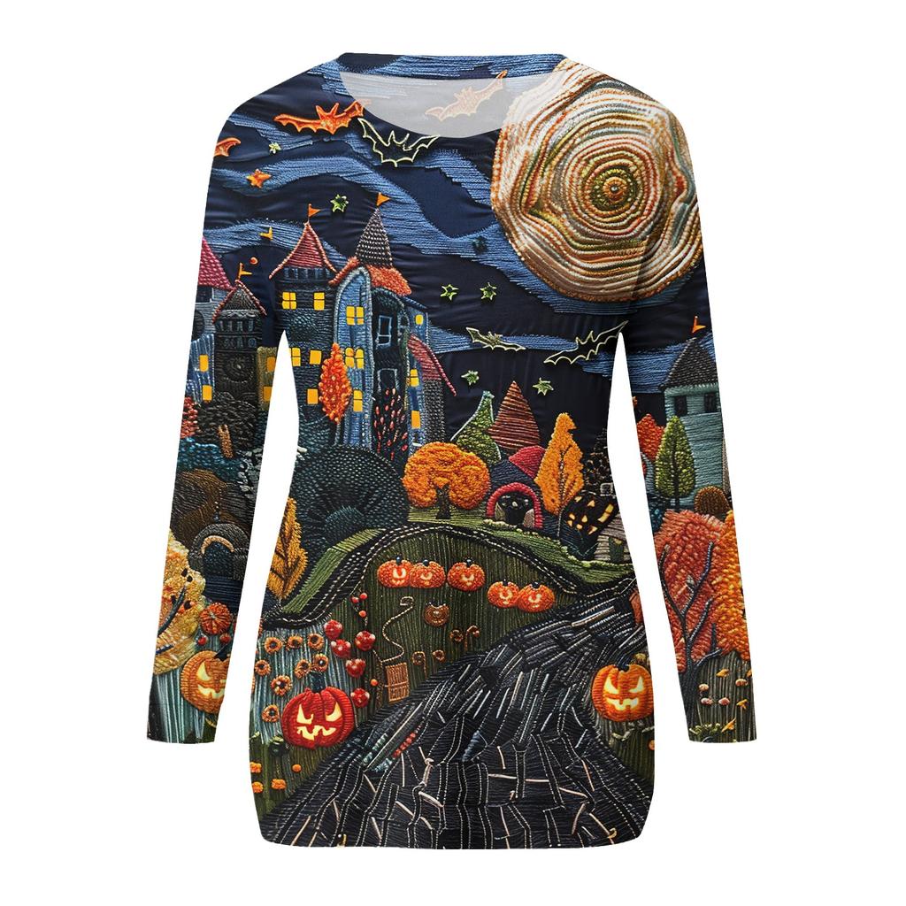 Damenmode Lässig Rundhals Print Langarm Tasche T-Shirt Top