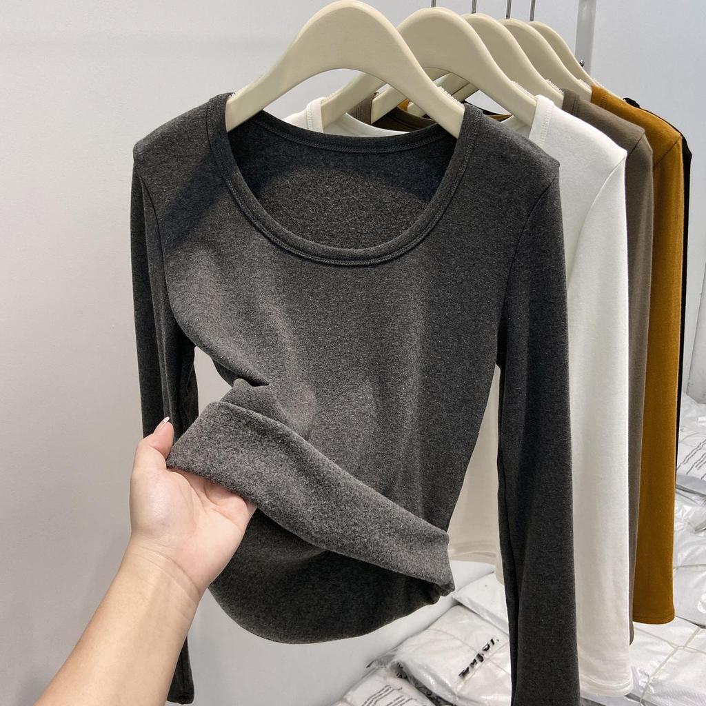 "2025 Autumn/Winter U-neck Thin Fleece Women's Long-sleeved Top: European Style with Exposed Collarbones”