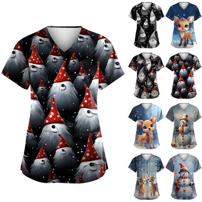 Women's Fashion V-neck Short Sleeve Workwear With Pockets Printed Tops