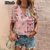 Crushed Flower Casual T Shirts Streetwear Casual Woman Topsshort Sleeve V Neck Tshirt Women's Fashions Loose Plus Size Clothing