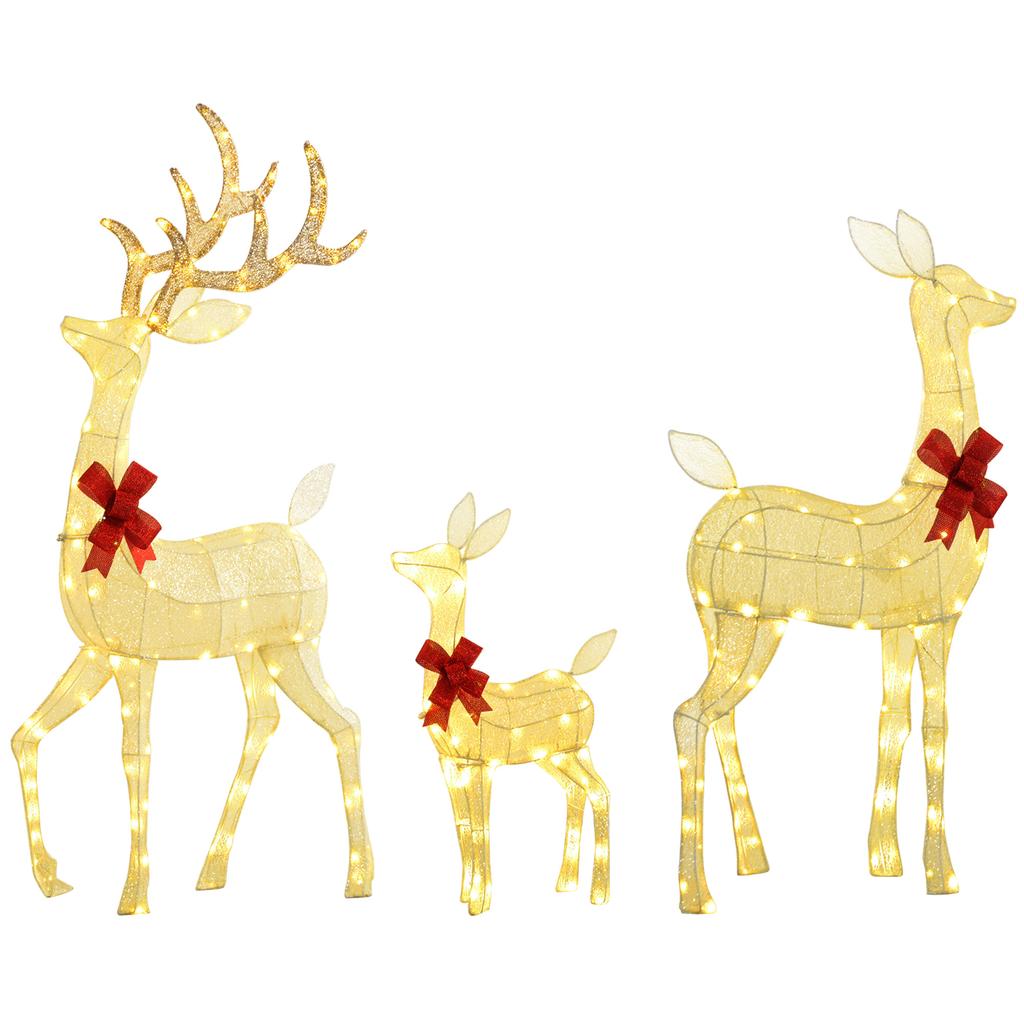 Reindeer Family with Red Bows, 283 LEDs, Christmas Lights, Weatherproof, Silver
