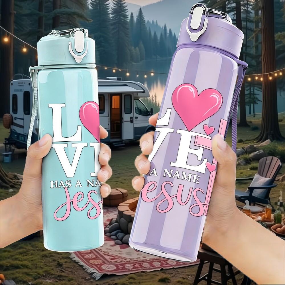 1PC I Love JESUS Cross Heart Print 750ml Color Plastic Sports Water Bottle Leakproof Flip Straw Lid Suitable for Sports Office Home Use