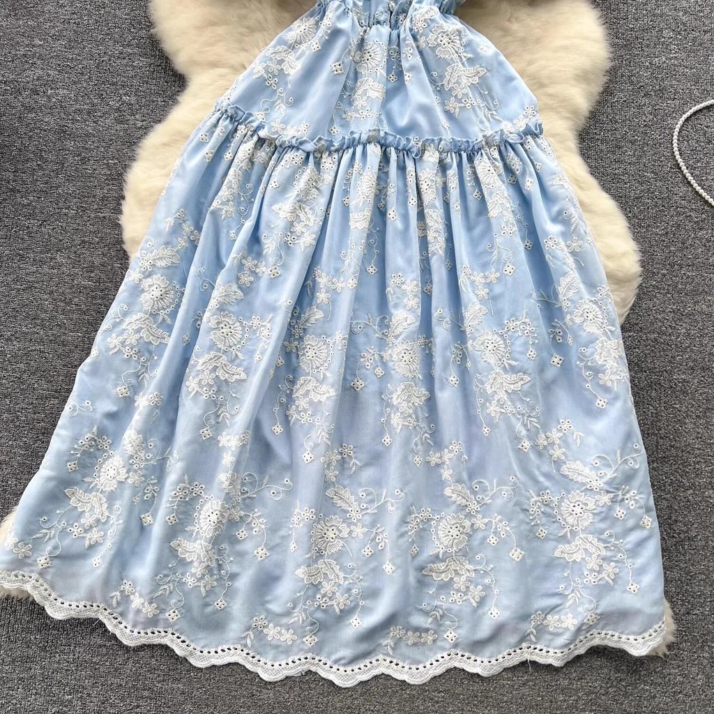 Summer Elegant Holiday Flower Embroidery Beach Dresses For Women V Neck Short Sleeve Robe A Line Party Birthday Dress