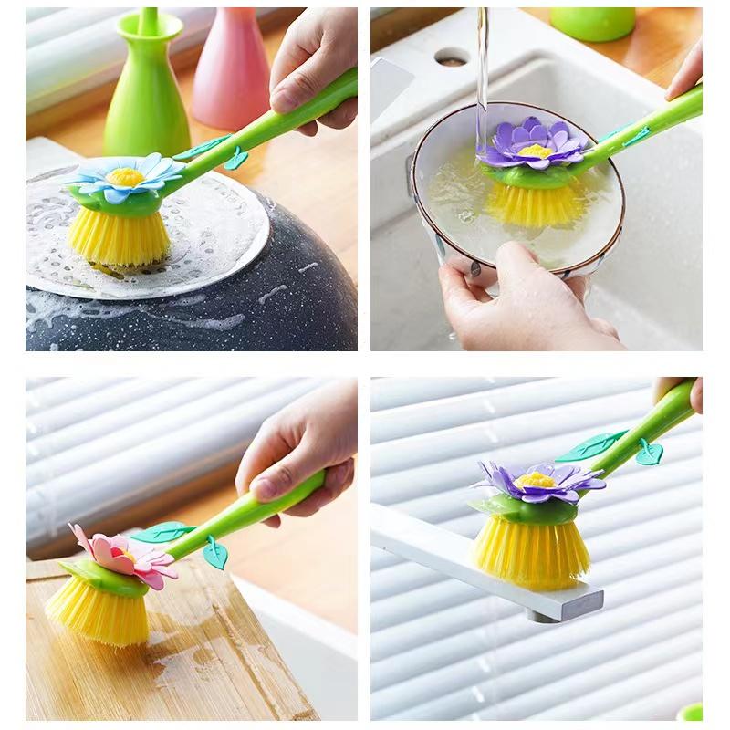 Soap Dispenser Sink Automatic Sponge Kitchen Bathroom Flower Shaped Cleaning Brush Pot Washing Tool with Handle Home Decoration