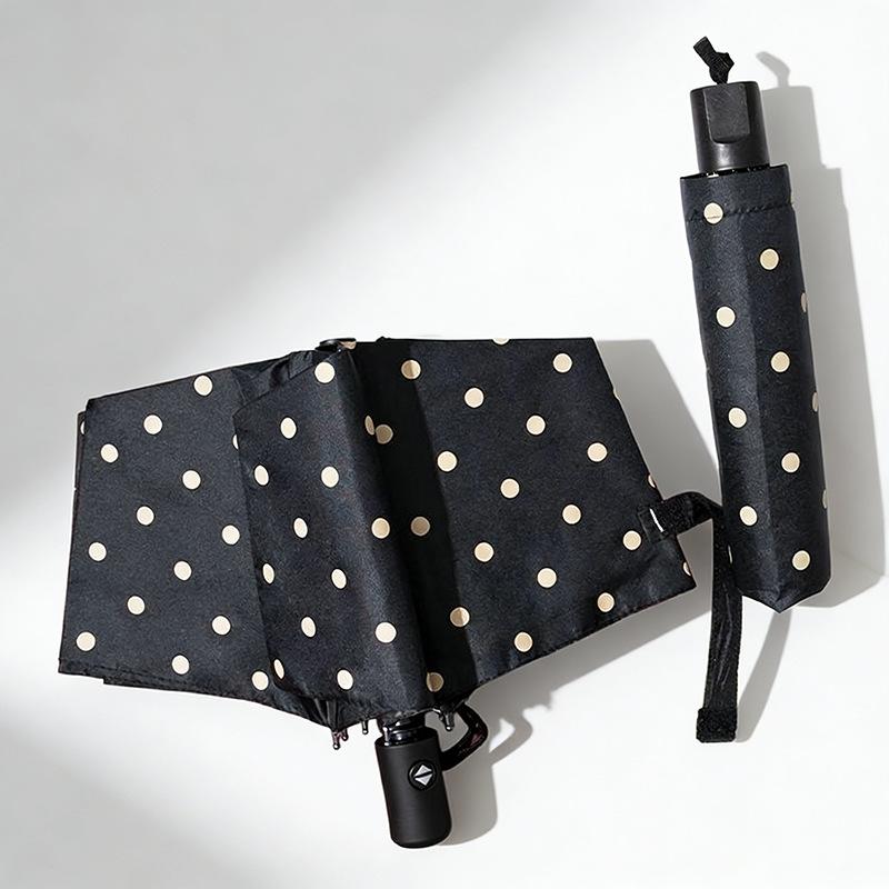 Parapluie Pliant à Pois Revêtement Noir Anti-UV Imperméable Parfait Pour le Trajet Quotidien et les Voyages