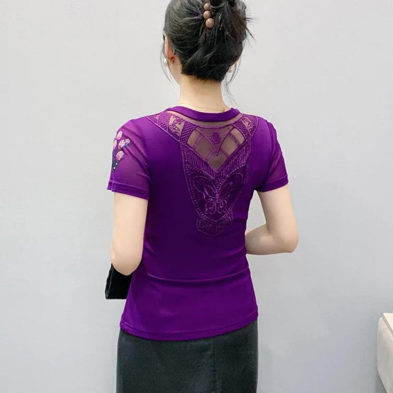 Summer New Fashion Korean Clothes Women's T-shirt Luxury Flower Hot Diamonds Tees Sexy Streetwear Girls Slim Short Sleeve Tops