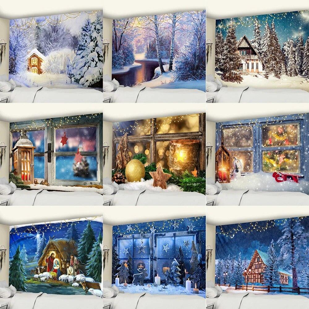 

Окно снег гобелен настенный Рождественский подарок Новый год в богемном стиле украшения дома комнаты фон ткань гобелен