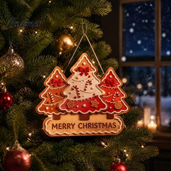 Christmas Front Entrance Sign Wooden Hanging Ornament, Multi-Layer Tree Wood Plaque Vintage Window Decor with Rope, Merry Festive Door Wall