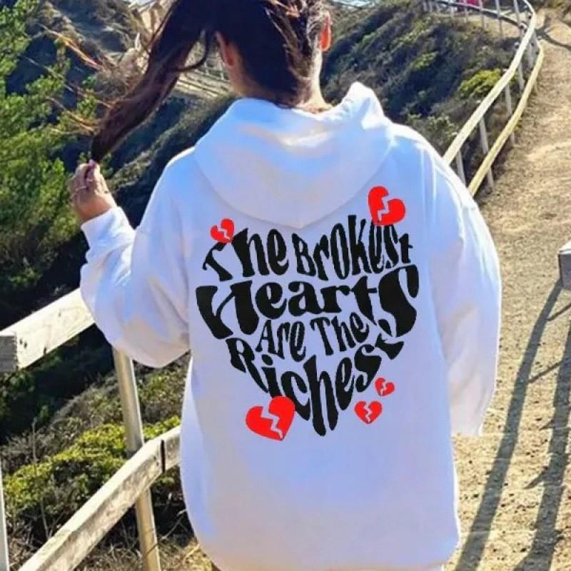 2025 New European Women's Drop Shoulder Ribbed Hoodie Sweatshirt with Print