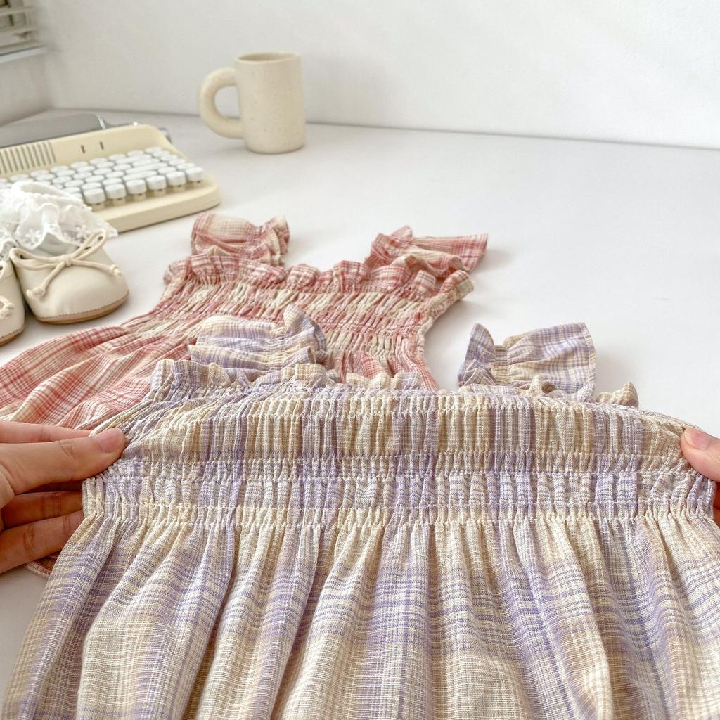 Baby Girl Summer Plaid Romper with Cap Short Flutter Sleeves Square Neck