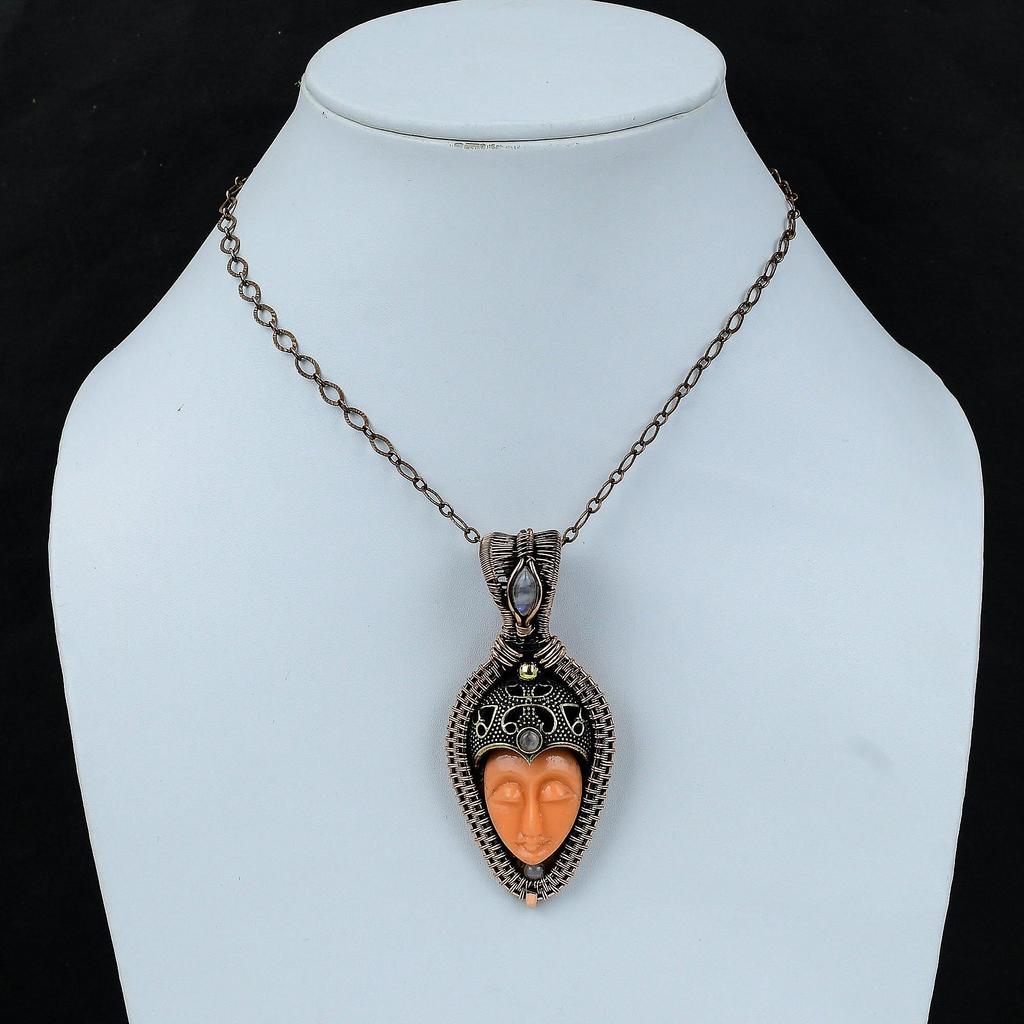 Orange Geschnitzter Knochen Gesicht Anhänger Kupferdraht Umwickelter Anhänger Regenbogen Mondstein Anhänger Edelstein Kupfer Schmuck Geschenk für Mama Handgefertigter Anhänger