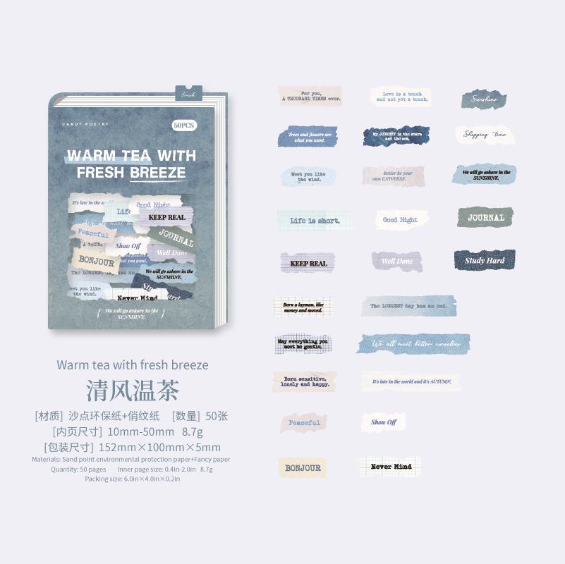 50-Sheet English Note Collage Stickers, Vintage Typography & Mini Paper Scrap Designs, Self-Adhesive for Journal DIY
