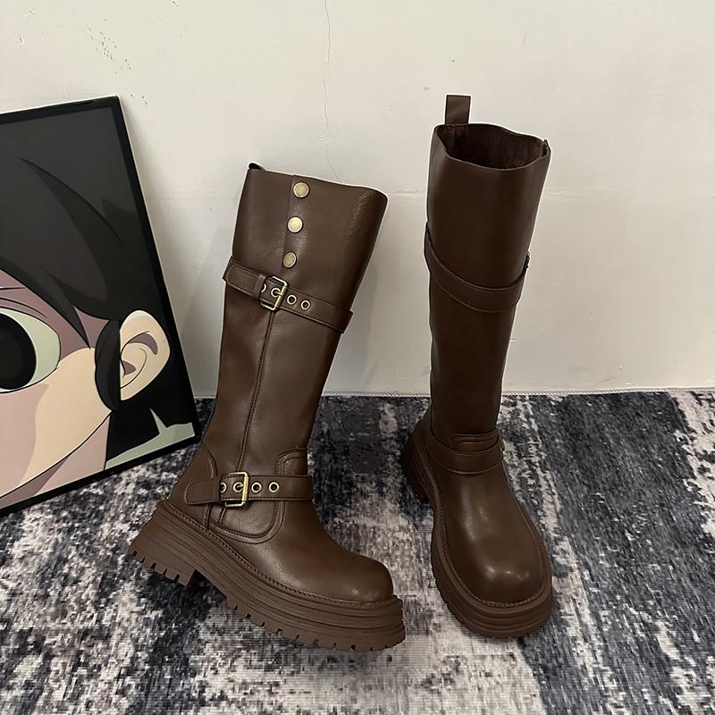 Autumn Winter Vintage Woman Knee-High Boots Slip-On Thick Bottom Shoes Ladies Western Cowboy Botas De Mujer