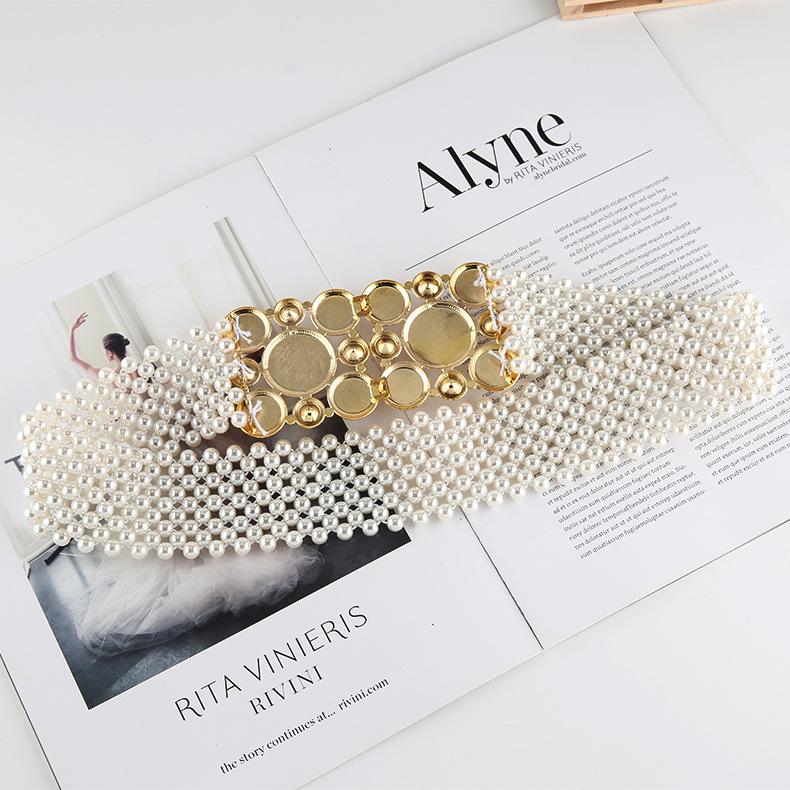 Women'S Sweet Temperament String Pearl Belt Elastic Wide Diamond Waist Seal Retro Skirt Decorative Belt