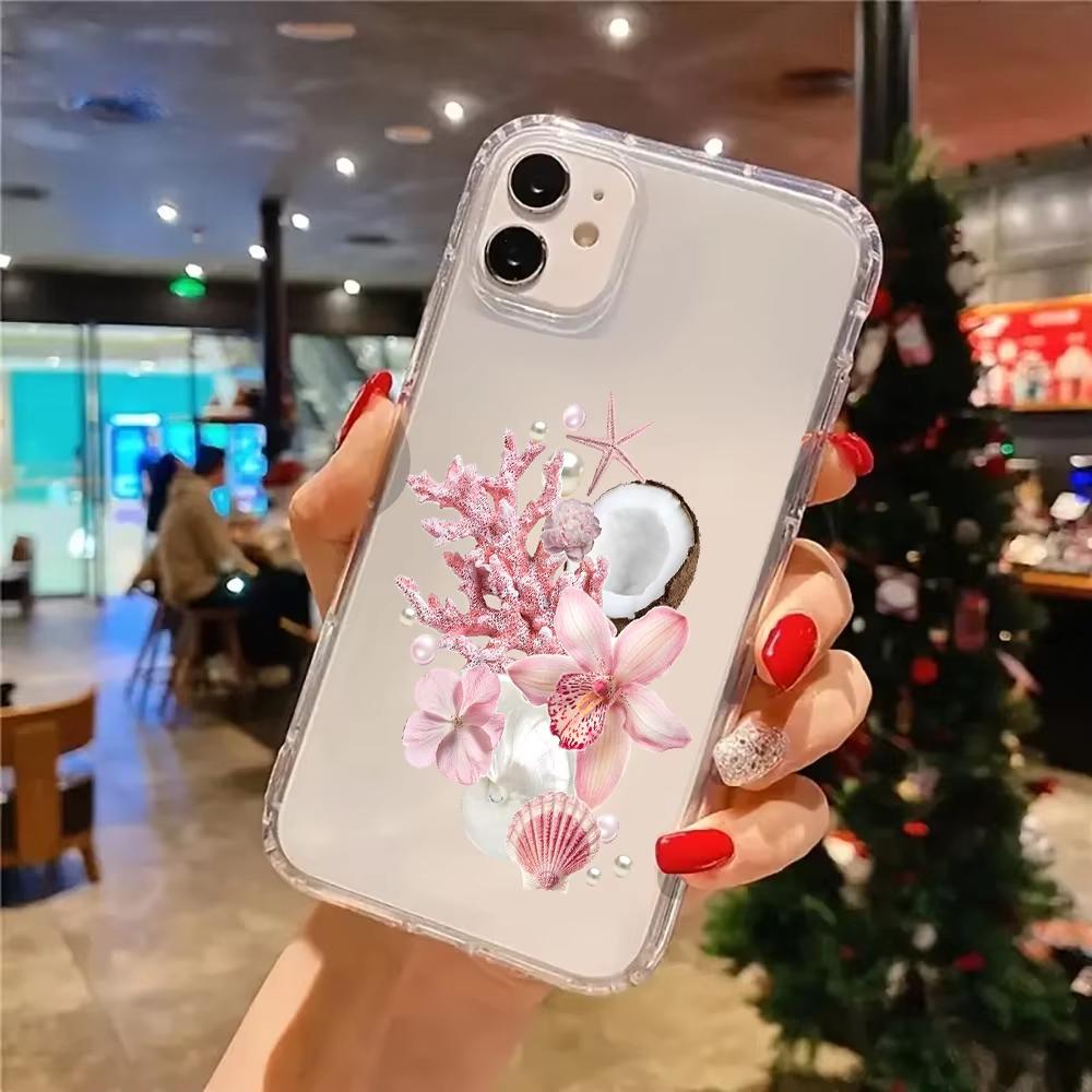 Pink Ocean Orchid Pattern Clear Phone Case for IPhone 17 Air 11 12 13 14 15 16 Pro Max 14 15 Plus XS X XR Shockproof Soft Cover
