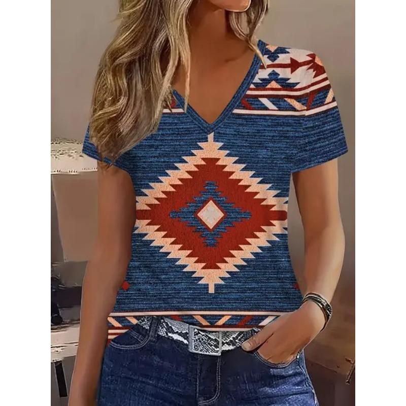 New Casual High-quality Retro Style 3D Women's Short Sleeved V-neck T-shirt