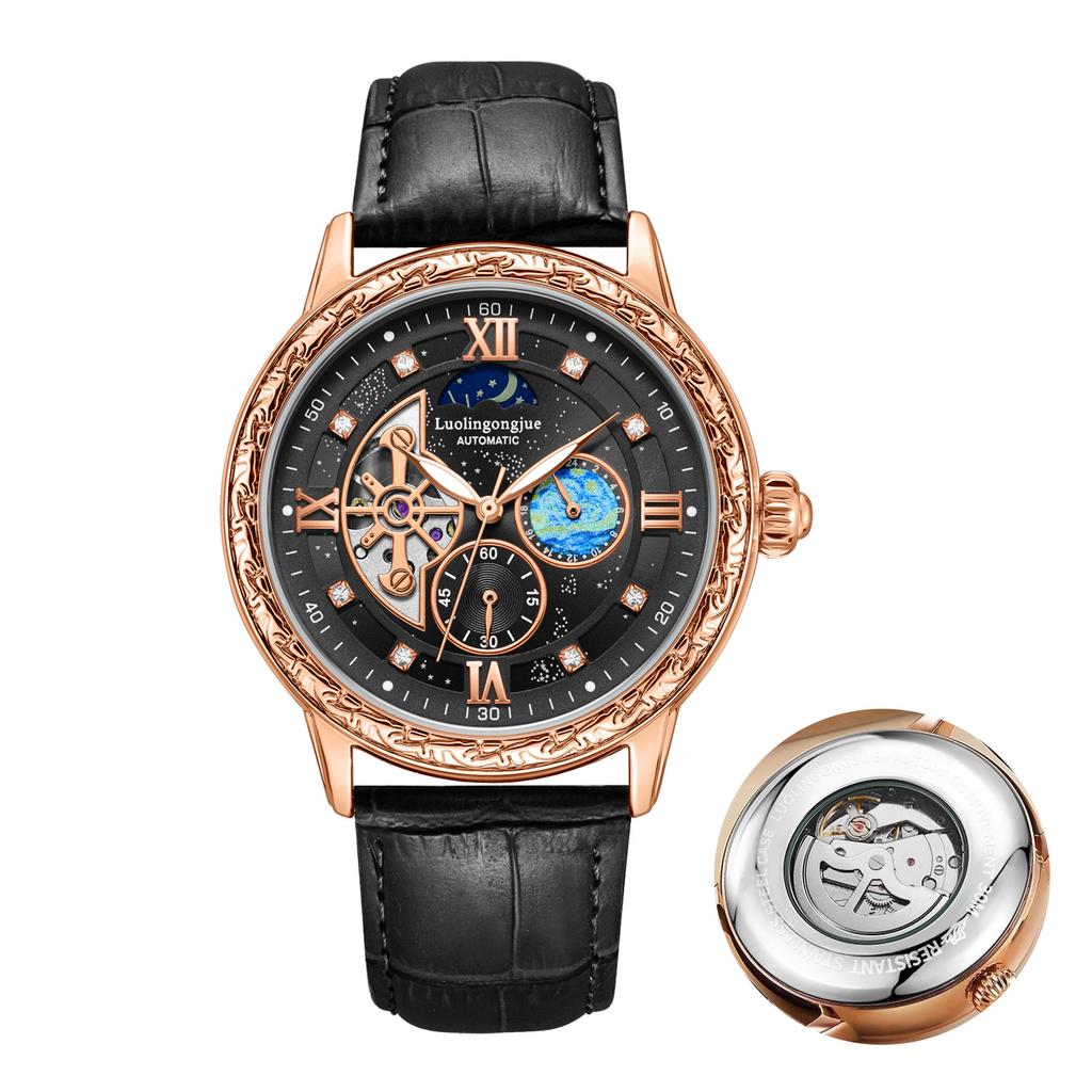 Montre Mécanique Automatique de Luxe pour Homme d'Affaires, avec un Design Squelette, Cadran Sculpté Rétro Élégant comme Cadeau Montres-Bracelets