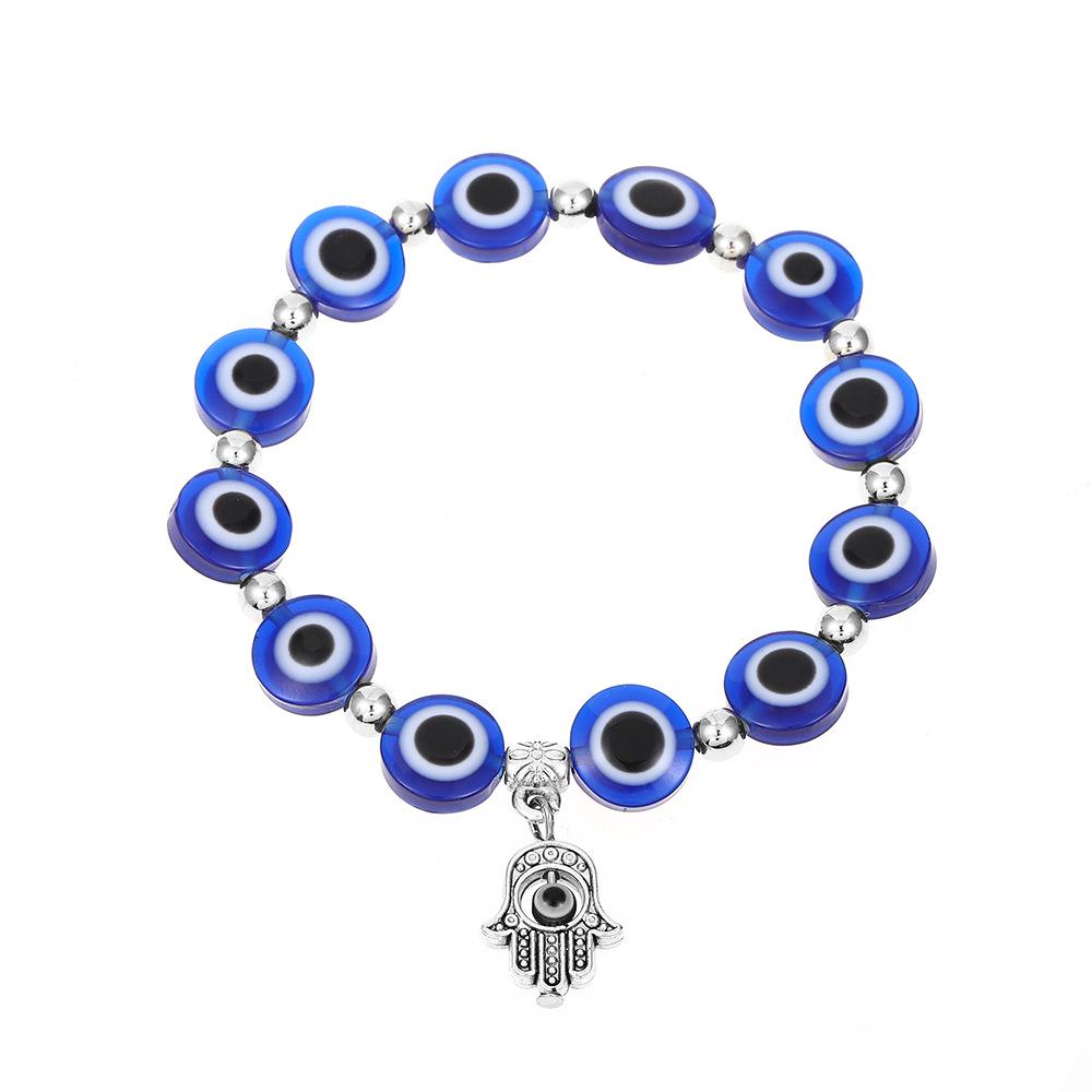 Blue Devil Eye Resin Bead Bracelet with Fatima Palm Pendant