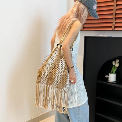 Lazy Woven Tassel Portable Shoulder Hollow Bag Beach Vacation Niche Leisure Tote Bag Tide