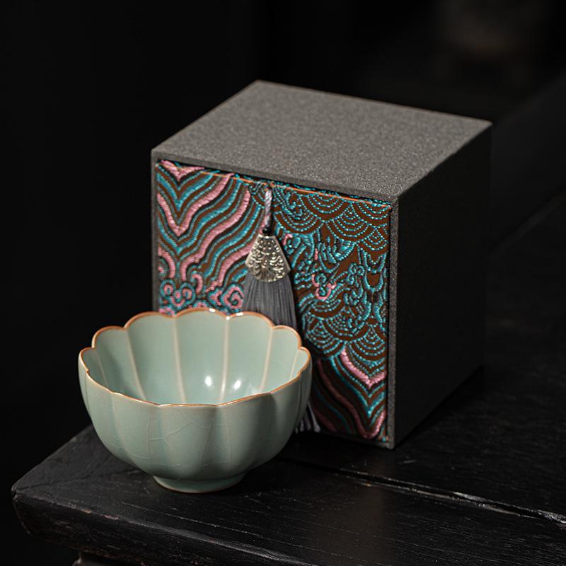 Ru Kiln Sky Blue Crackle Ceramic Tea Cup - Single Tea Tasting Bowl with High-End Gift Packaging