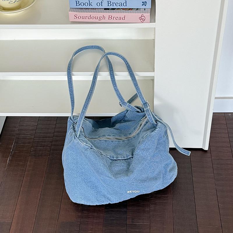 Washed denim shoulder bag Striped tote bag Casual versatile large-capacity shoulder portable canvas bag