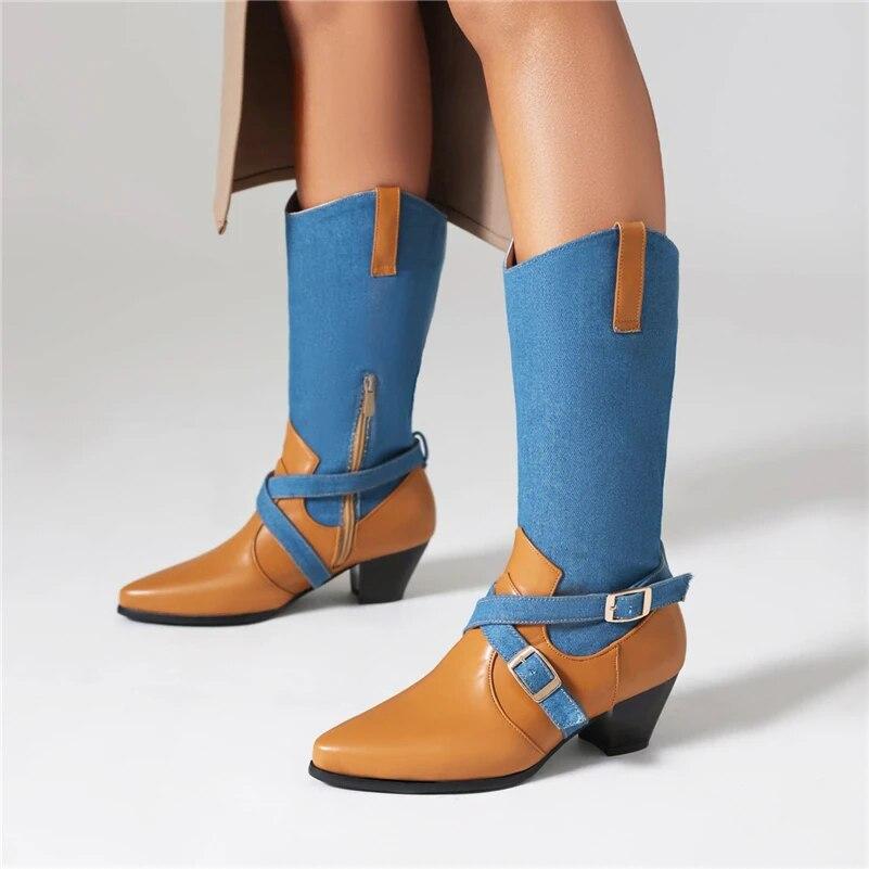 FOREADA Women Mid Calf Boots Pointed Toe Thick Mid Heels Zipper Buckle Mixed Colors Western Cowboy Boots Ladies Shoes Winter 43