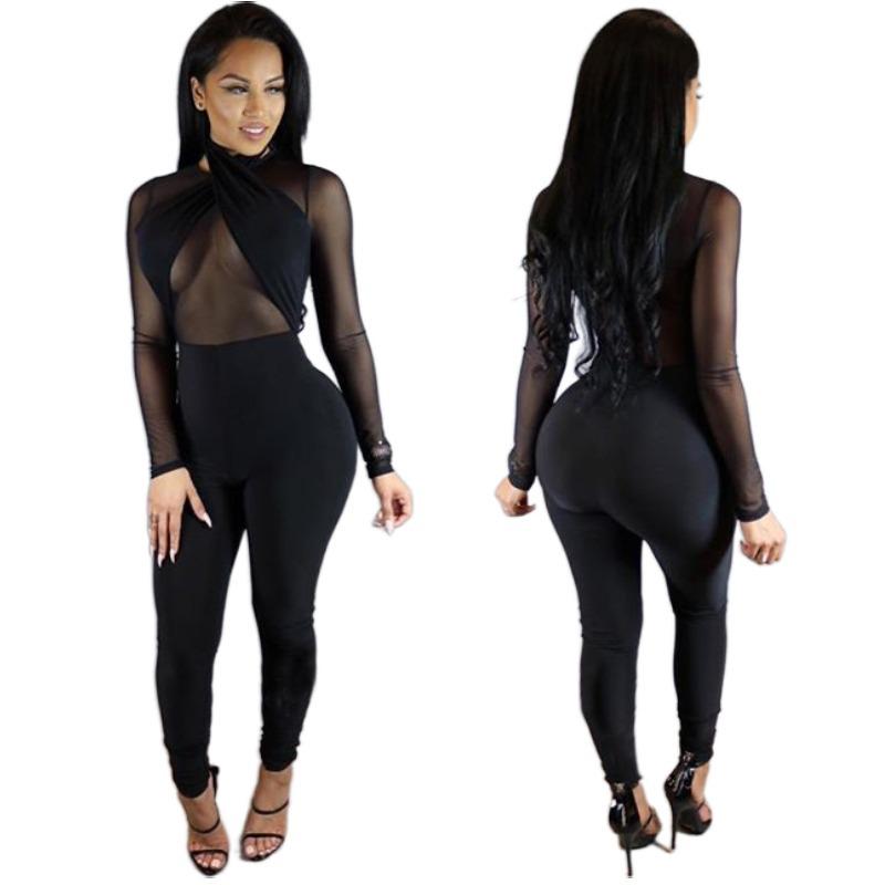 

N259 Европейская мода Длинный рукав Круглый вырез Сетчатое платье Medium чёрный