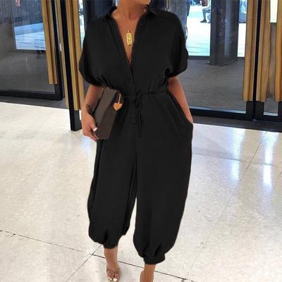 Sexy V-Neck Button Lace-Up Jumpsuit Summer Short Sleeve Loose Playsuit Overalls Women Elegant Leopard Print Pocket Rompers