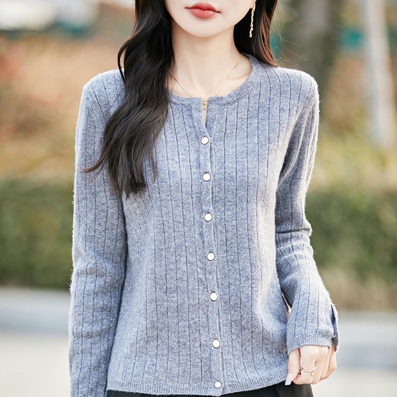 100% Pure Wool Ribbed Knit Cardigan, Round Neck, Long Sleeve, Solid Color, Loose Fit, Warm Outerwear for Autumn & Winter
