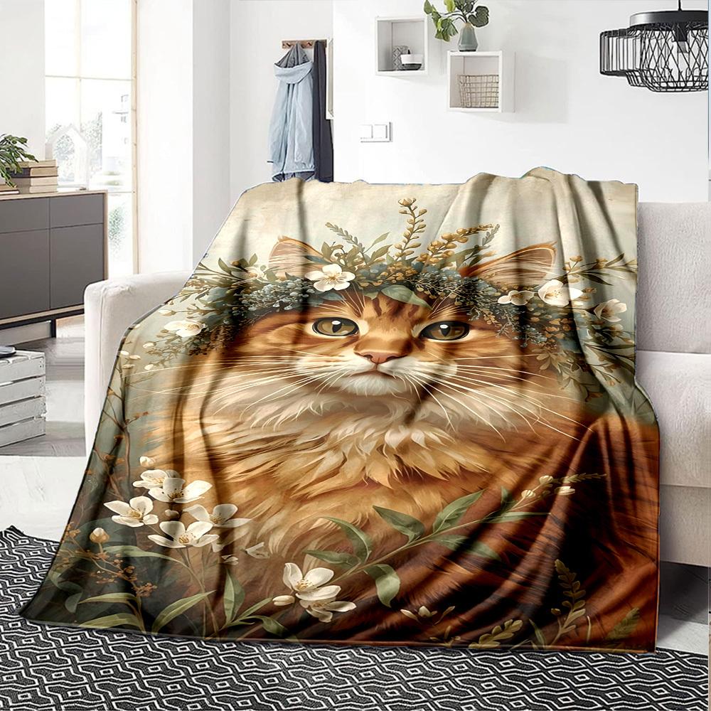 1pc cat flowers blanket Lightweight Flannel Throw for Sofa Bed Travel Camping Livingroom Office Couch Chair