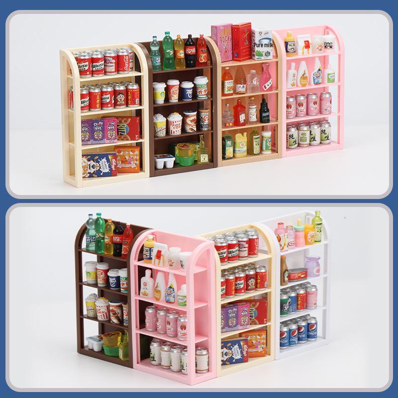 Miniature Supermarket Shelf Dollhouse Toy – Snacks & Drinks Pretend Play Storage Rack