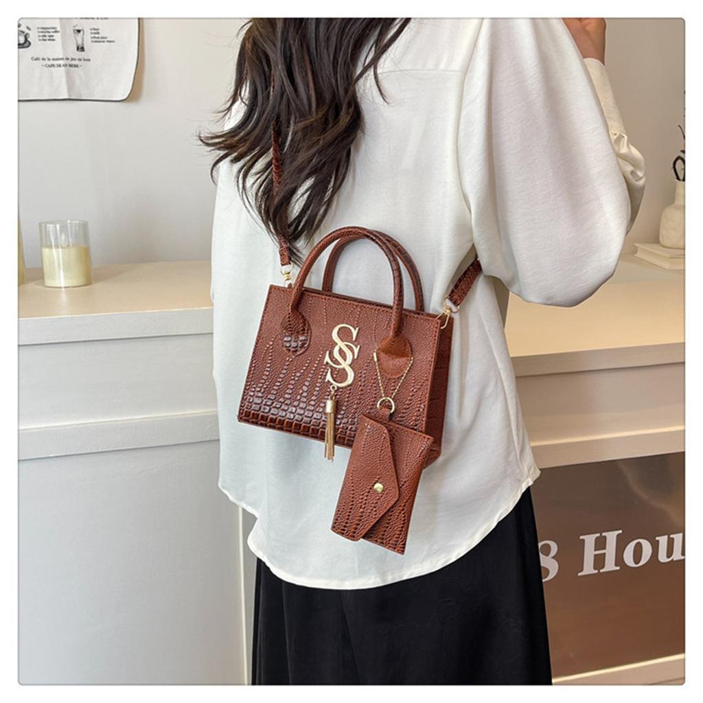 Fashion Solid Color Simple Crocodile Letters Tassel Casual Atmosphere Shoulder Handbag Bag For Women