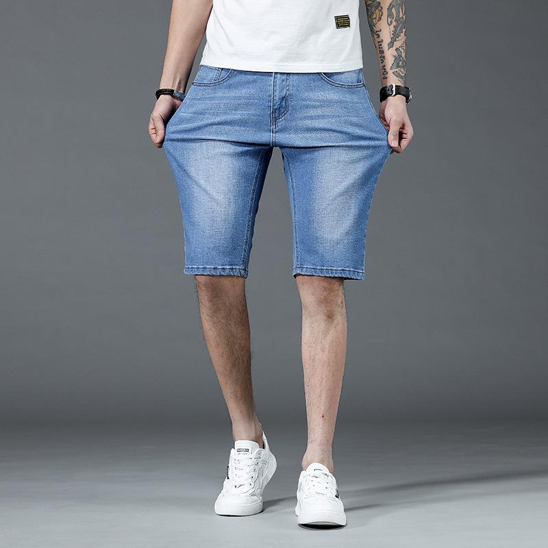 Denim shorts men's summer loose straight-leg five-quarter pants Korean style trendy blue thin denim mid-pants