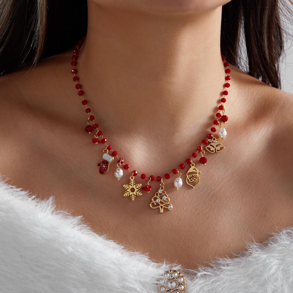 Christmas Multilayer Beaded Letter Necklace For Women Santa Claus Xmas Tree Wreath Elk Pendant Rice Beads Choker Holiday Jewelry