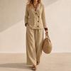 2026 Autumn Women's Linen V-Neck Button Long Sleeve Top Wide Leg Pants Casual Two-piece Set