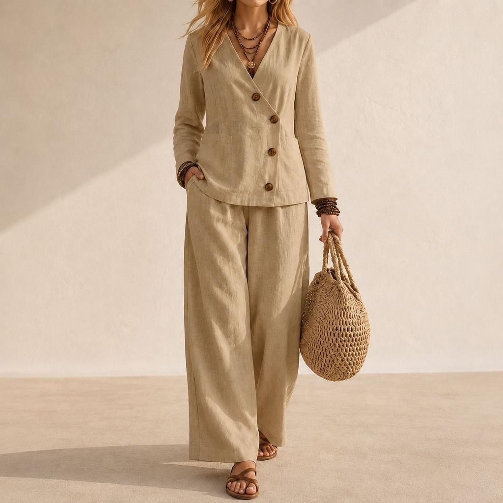 2026 Autumn Women's Linen V-Neck Button Long Sleeve Top Wide Leg Pants Casual Two-piece Set